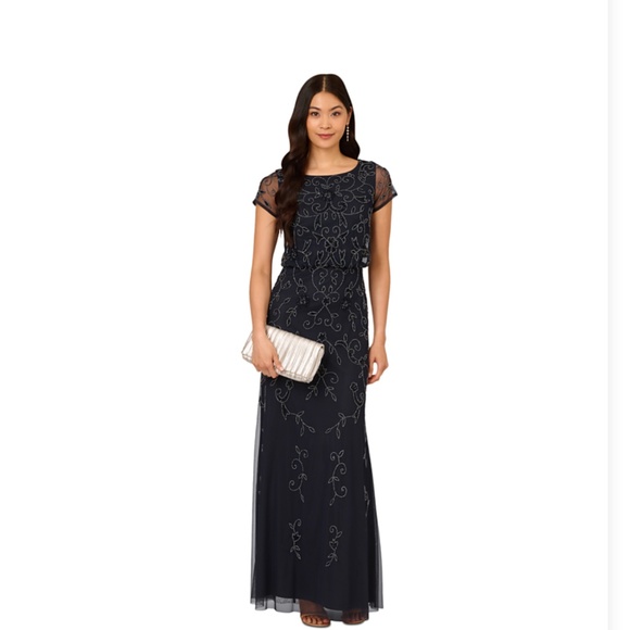 Adrianna Papell Petite Boat-Neck Short-Sleeve Beaded Blouson Gown - Picture 1 of 5